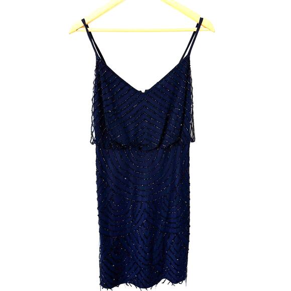 Adrianna Papell Navy Sequin Beaded Spaghetti Strap Mini Dress Size 2 - Picture 8 of 13